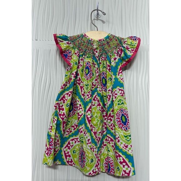 LE ZA ME MULTI-COLOR PRINT SMOCKED DRESS -12M - Picture 2 of 9